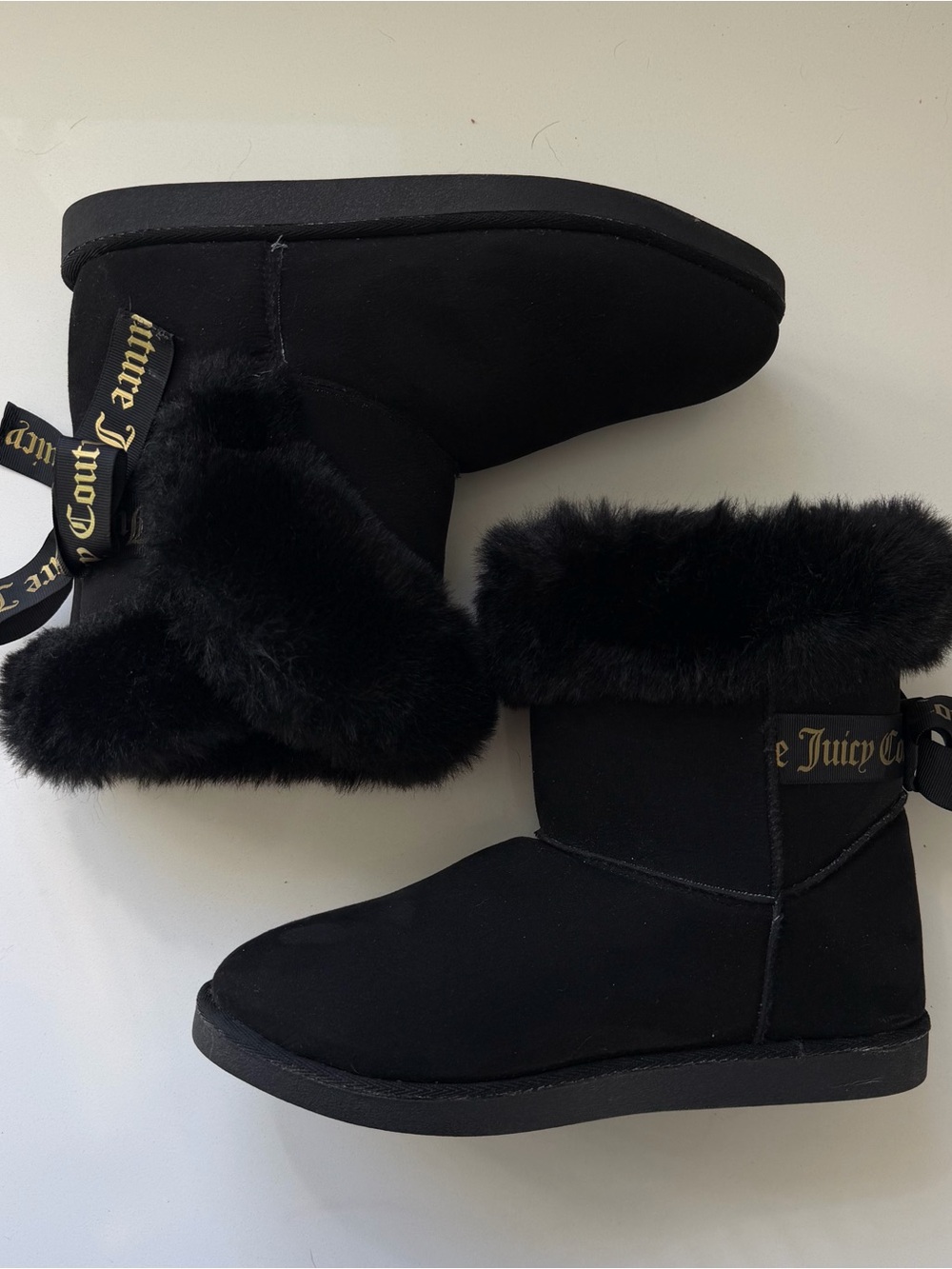 Juicy Couture Black Faux Fur Cuff Booties with Ribbon Bow